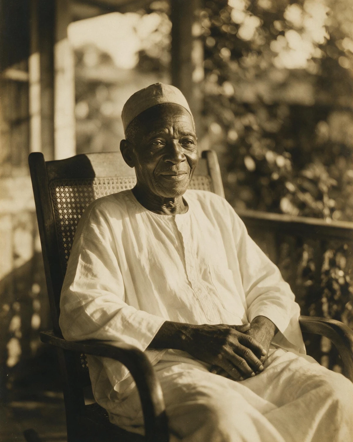 An archival-feel, sepia-warm portrait of an elderly grandfather, dignified and calm.