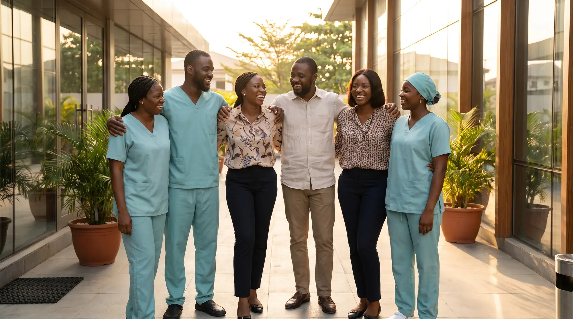 A relaxed team portrait outside the Lekki office: coordinators, nurses and caregivers together at golden hour.