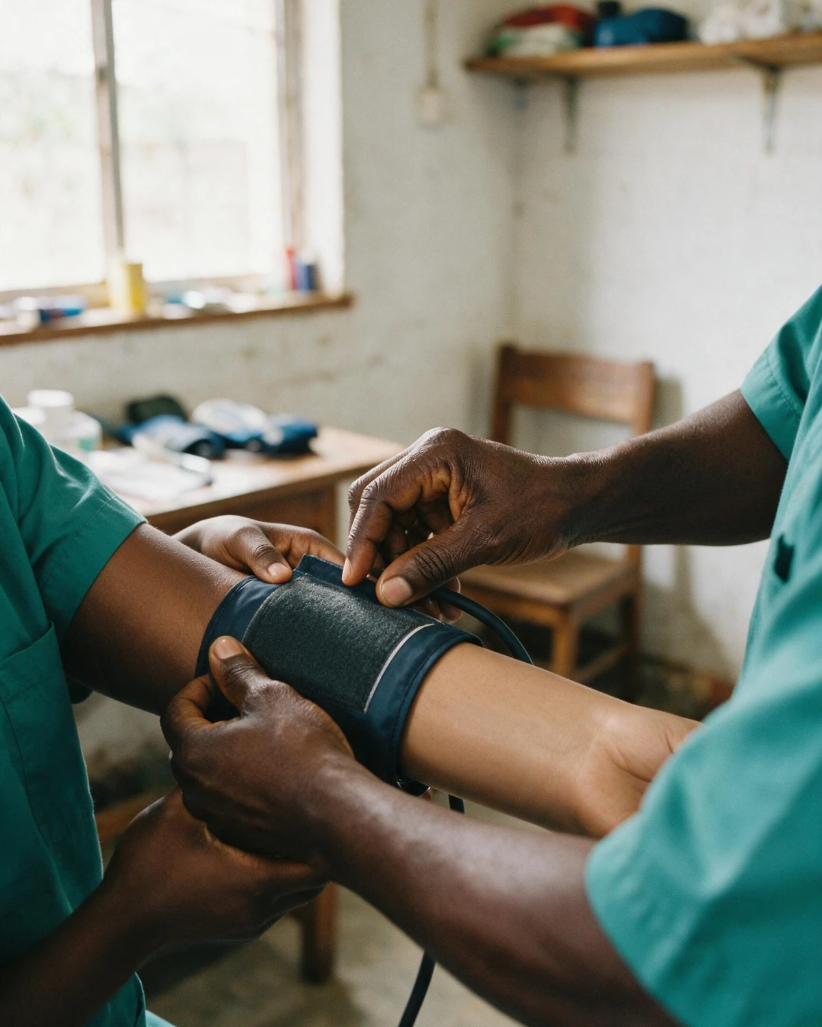 A nurse’s hands carefully settling a blood pressure cuff on a client’s arm.