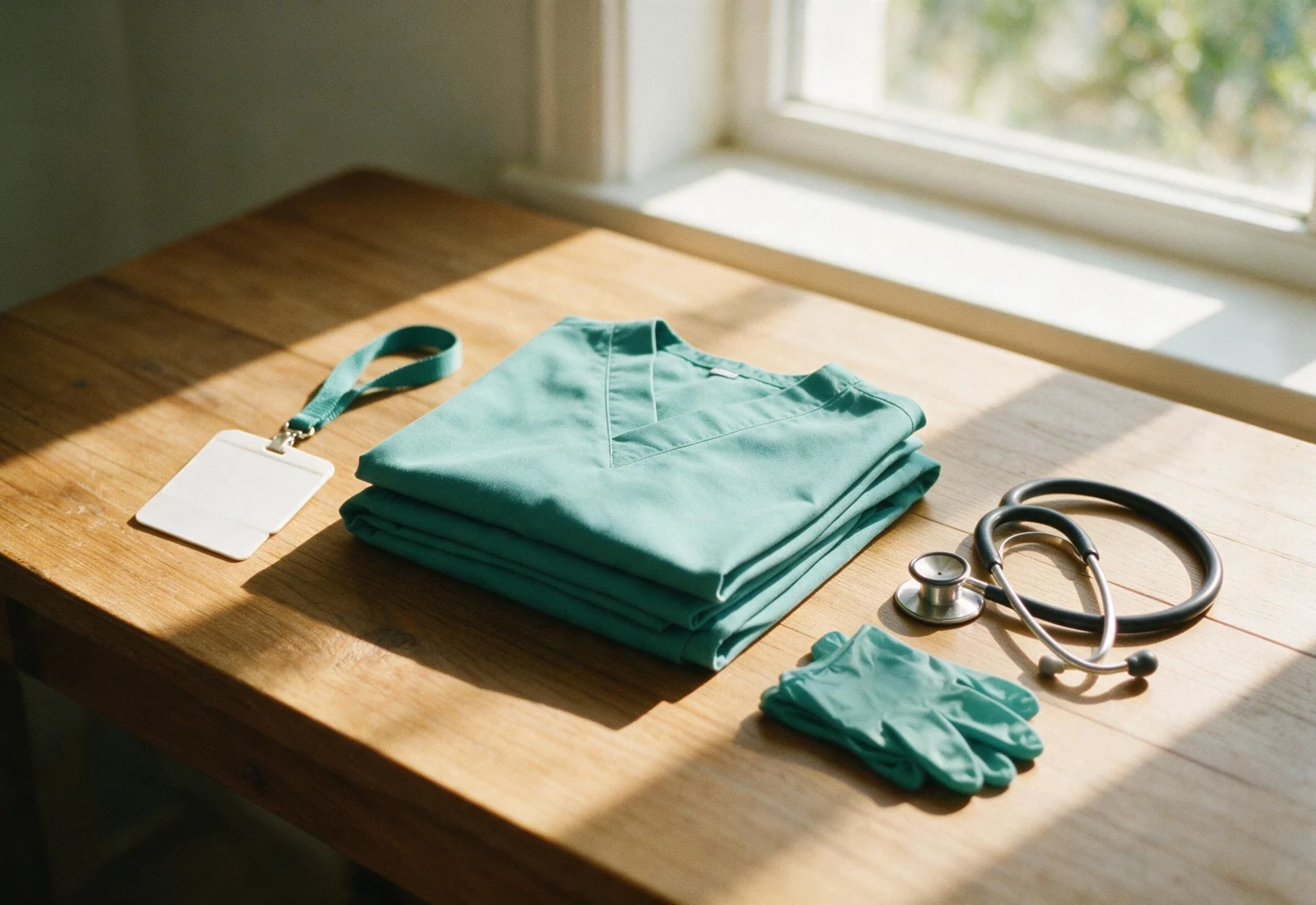 Insyt-teal scrubs folded with a stethoscope and ID badge on a table by a window.