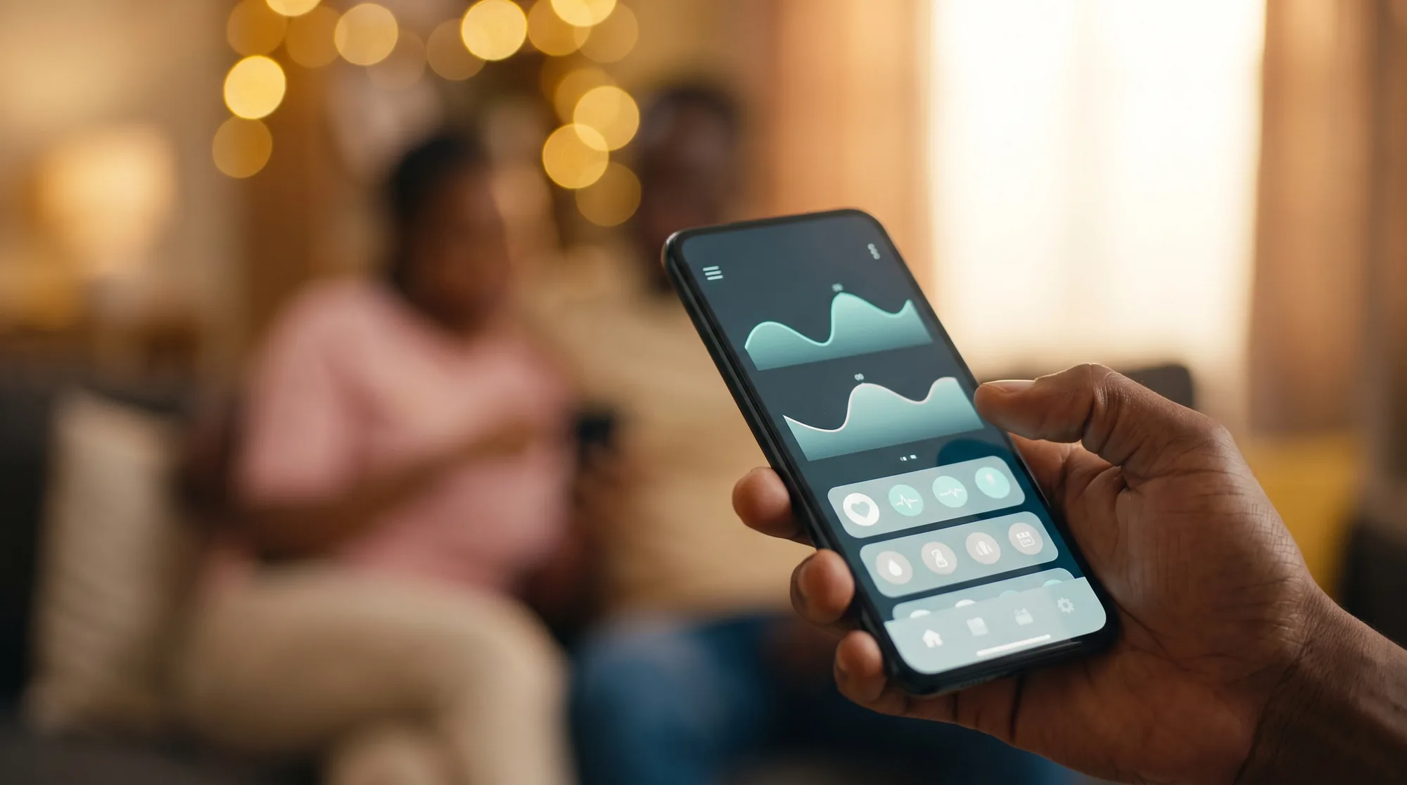 A phone held in hand showing the Insyt family dashboard, with warm living-room bokeh behind.