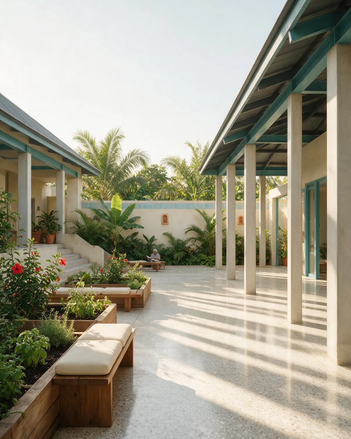 A courtyard with raised garden beds and seating, morning light falling through the breezeways.