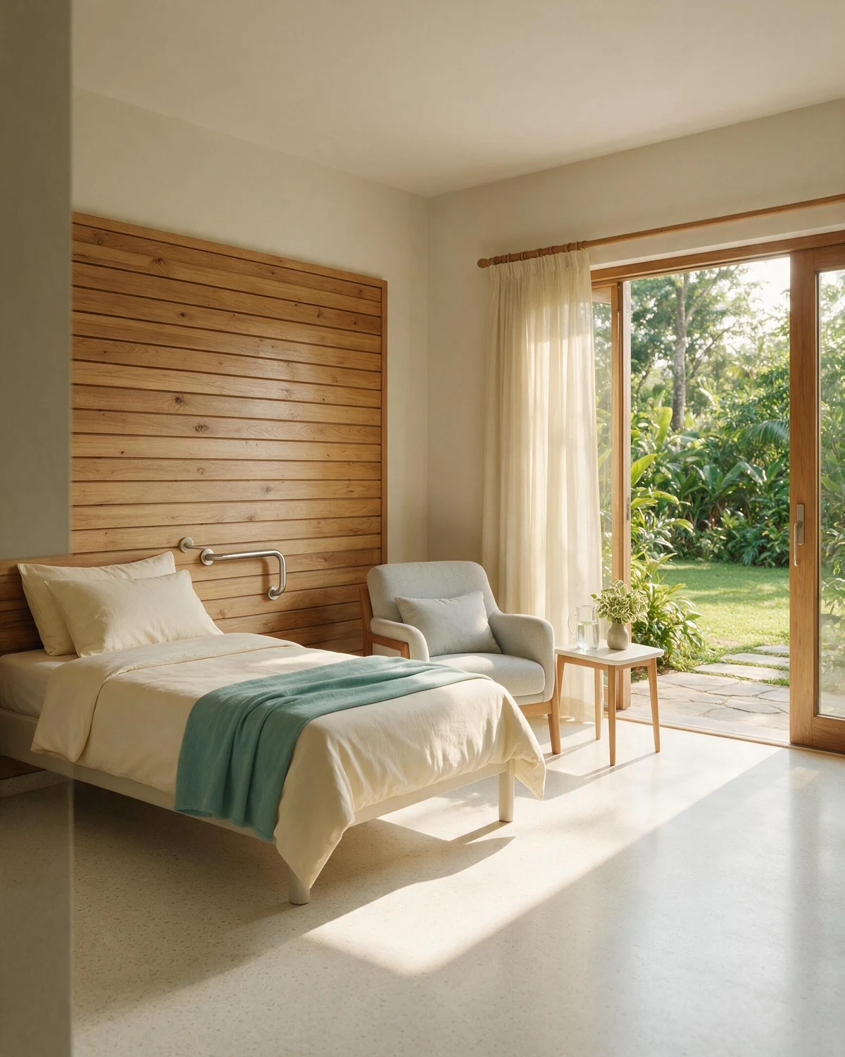 A private room with a bed, patio door open to greenery and warm wood cladding.