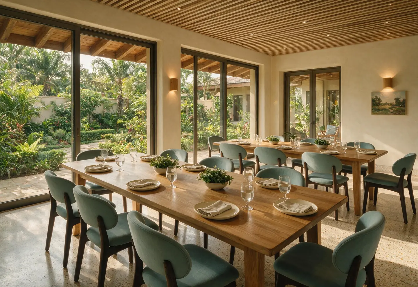 A dining hall set for lunch with the garden visible through full-height glass.