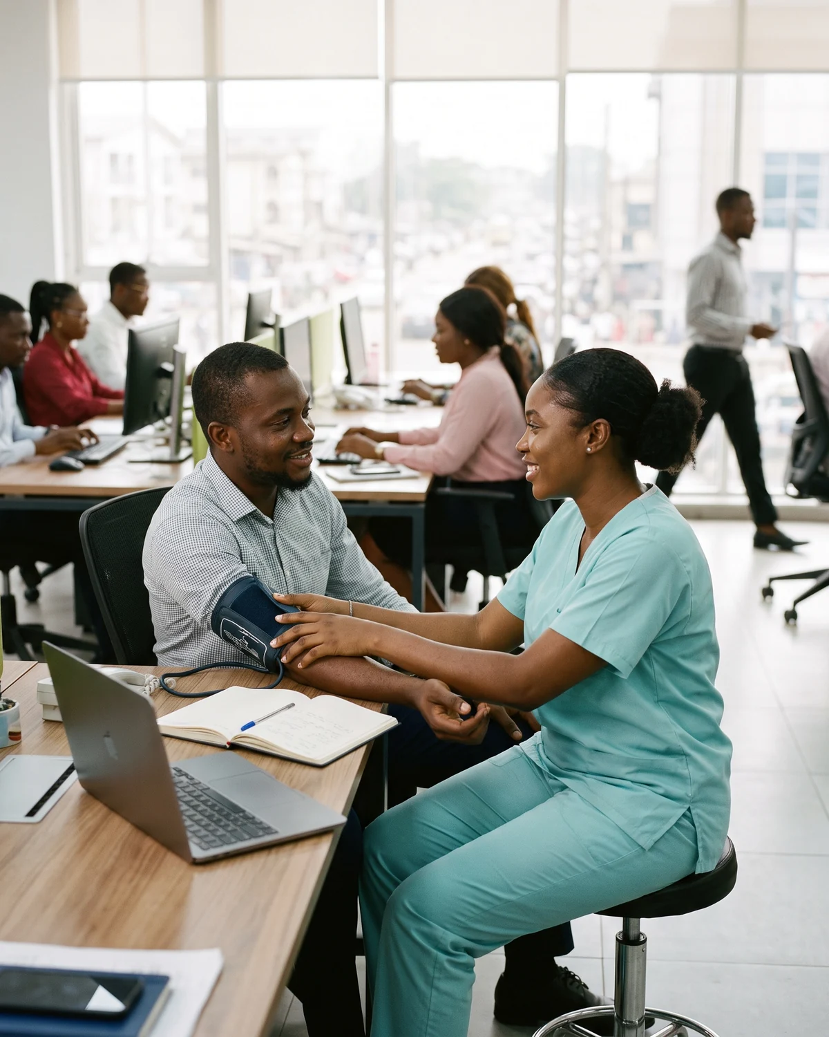 A blood pressure check being carried out at an employee’s own desk.