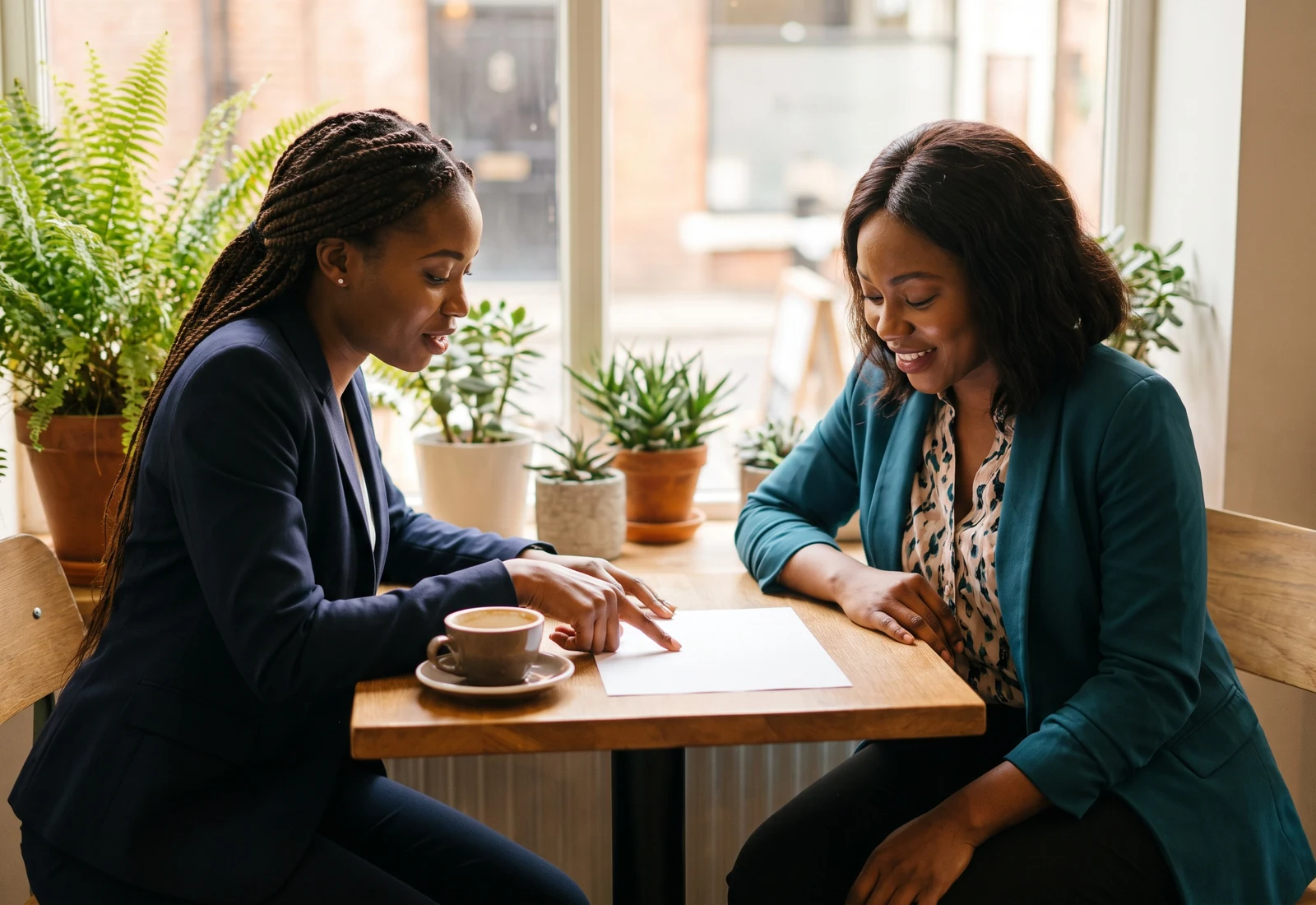 An HR lead reviews an anonymised wellness summary with an Insyt care manager over coffee.