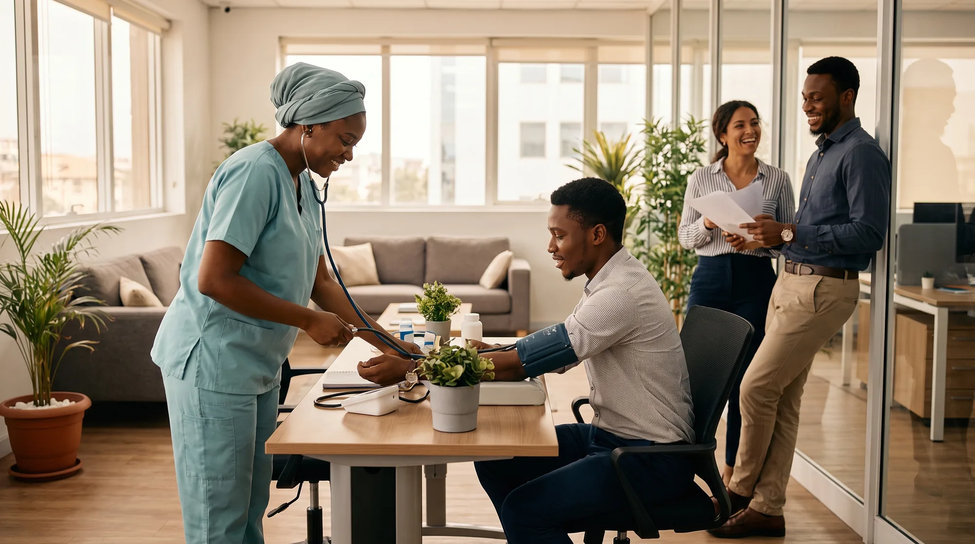 On-site health screening in a bright modern Lagos office, colleagues chatting in the queue while a nurse works at the station.