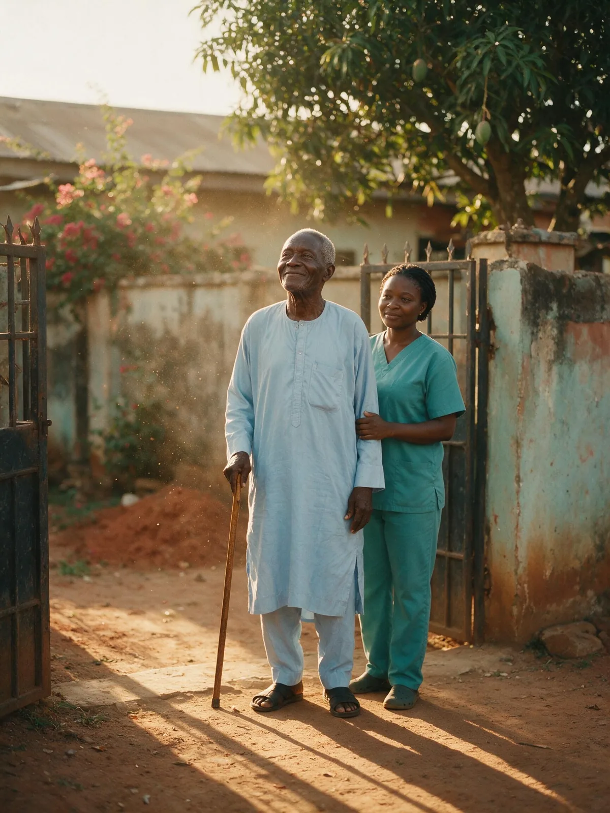An elderly father stands upright and proud at his compound gate with his caregiver beside him.