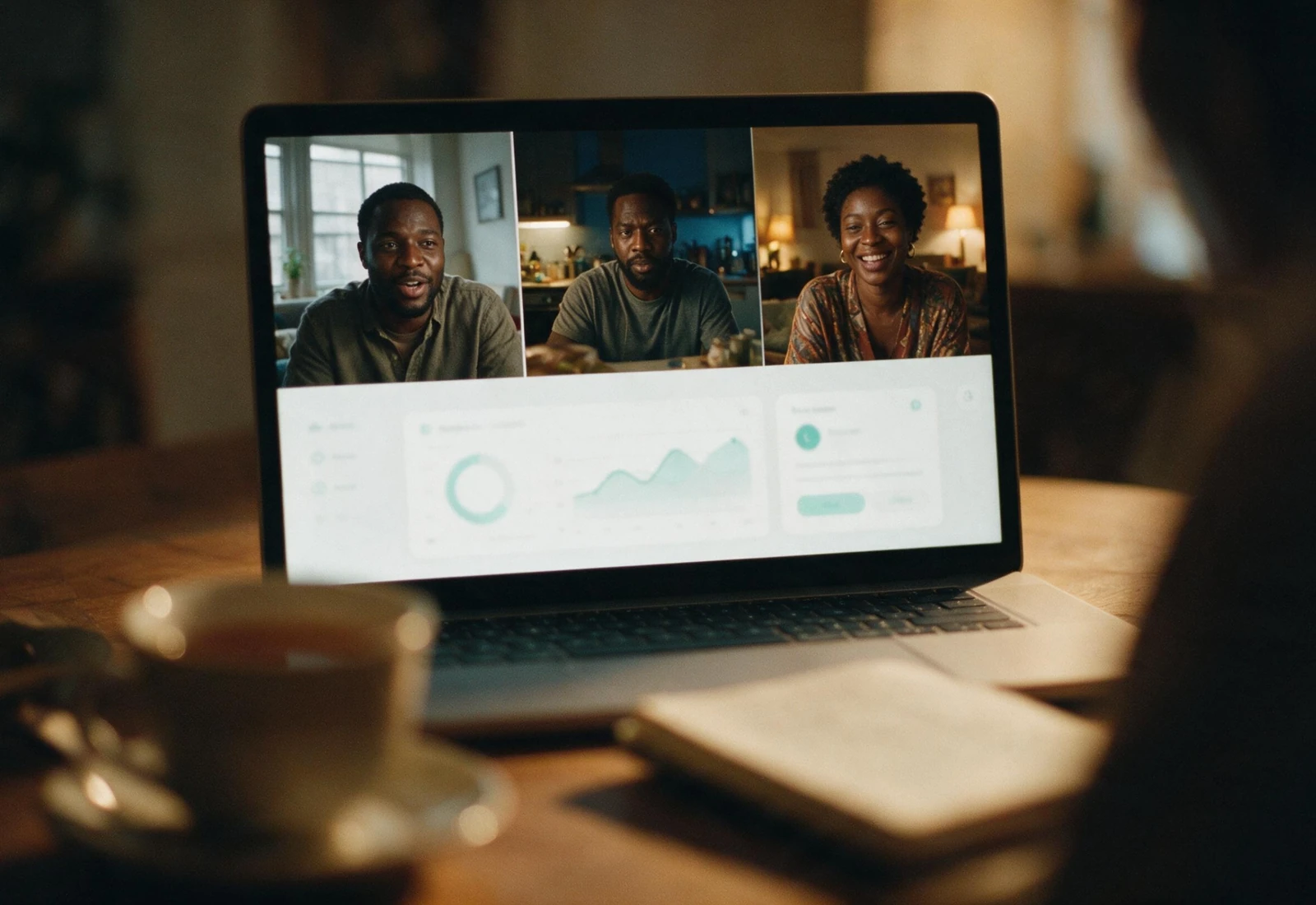 Three siblings on a group video call from three countries, the same Insyt dashboard on each screen.