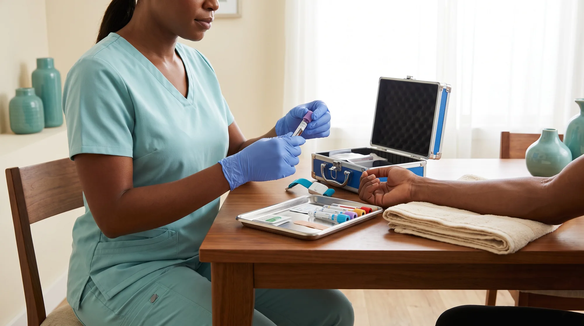 A phlebotomist draws blood with gloved precision at a client's dining table while the client relaxes with coffee.