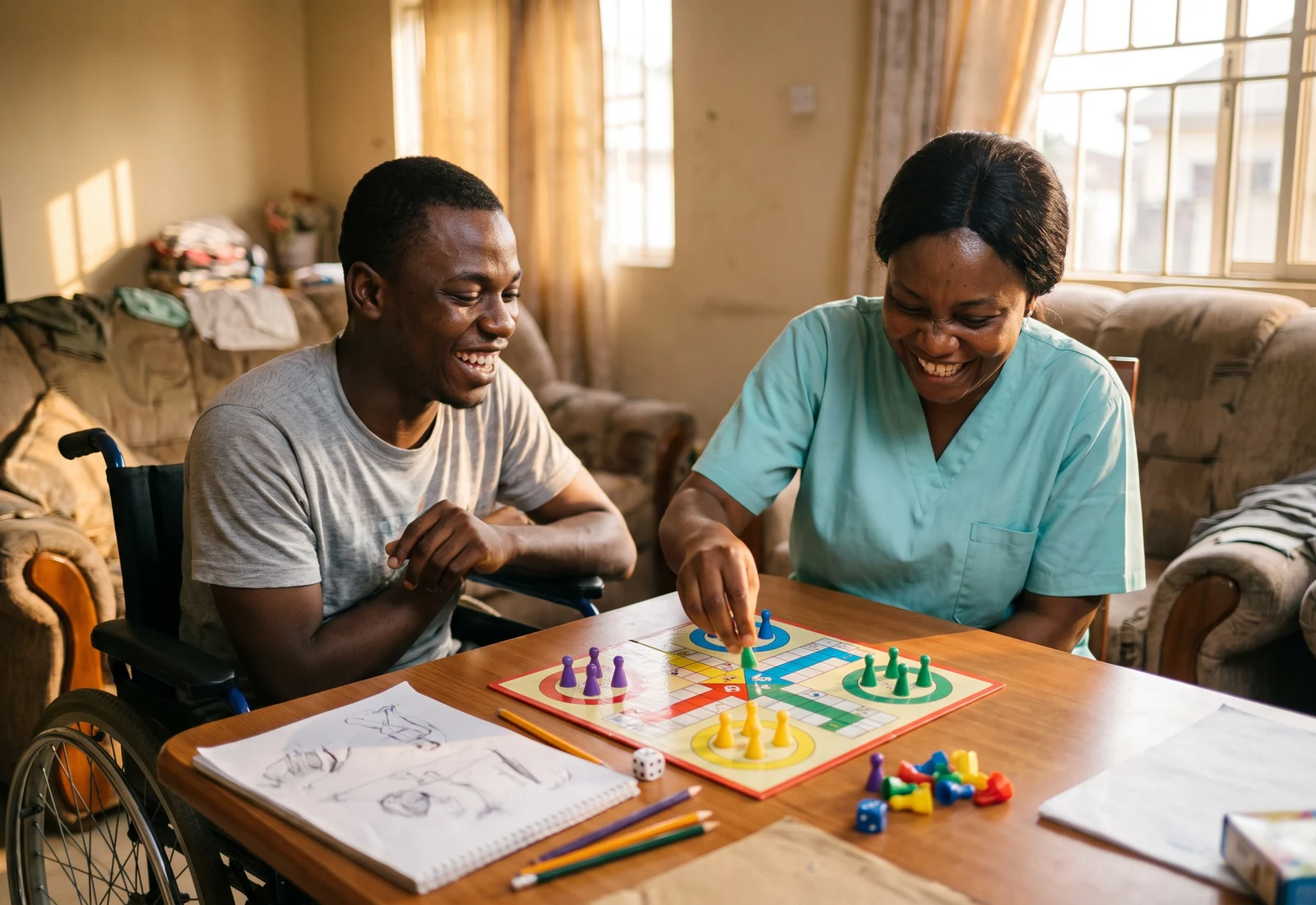 A caregiver joins in a board-game session at the home table as a participant, not a supervisor.