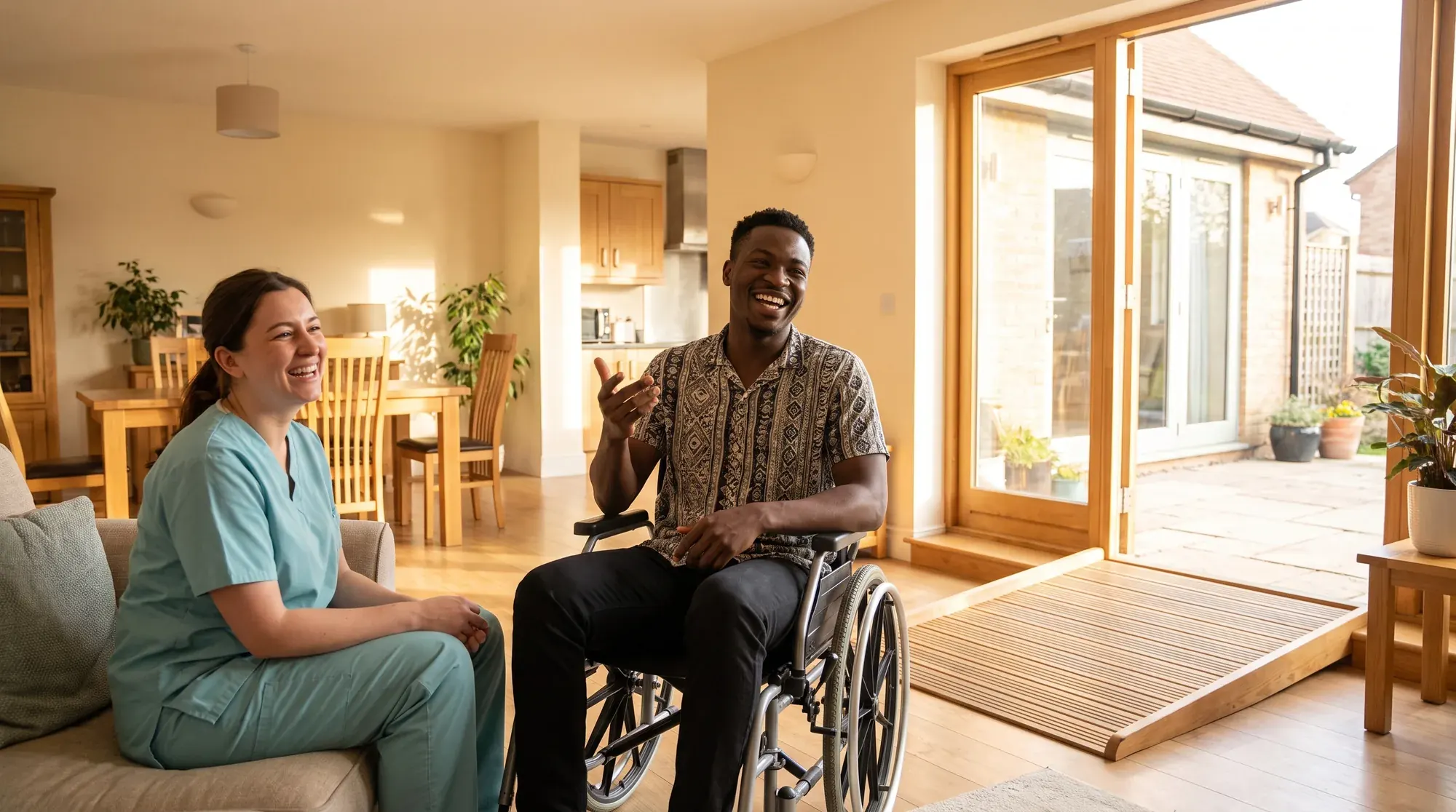 A young man in a wheelchair and his caregiver share a laugh outdoors in sun flare, full of movement and joy.