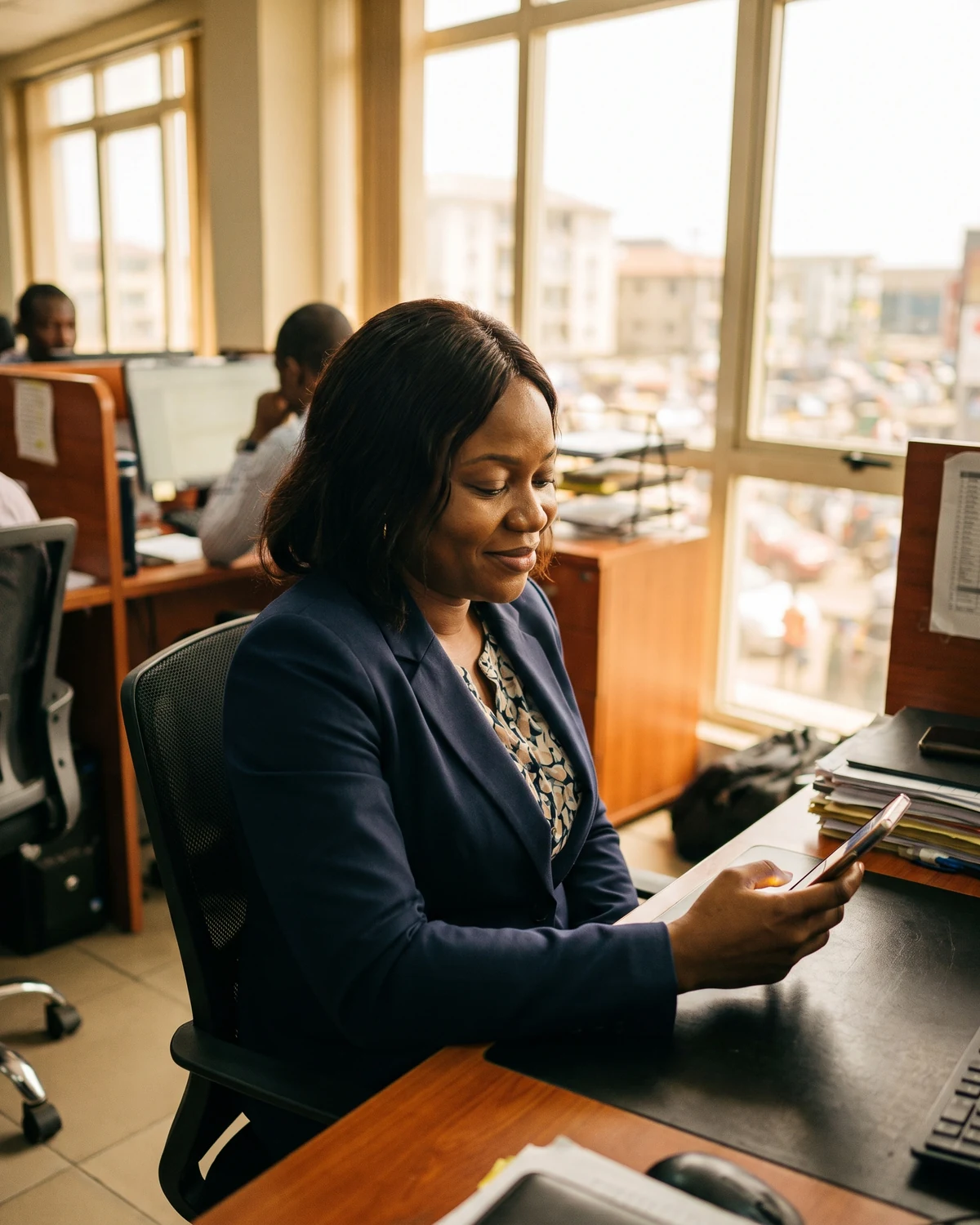 An adult daughter at her Lagos office desk glances at the Insyt Care App on her phone, relief on her face.