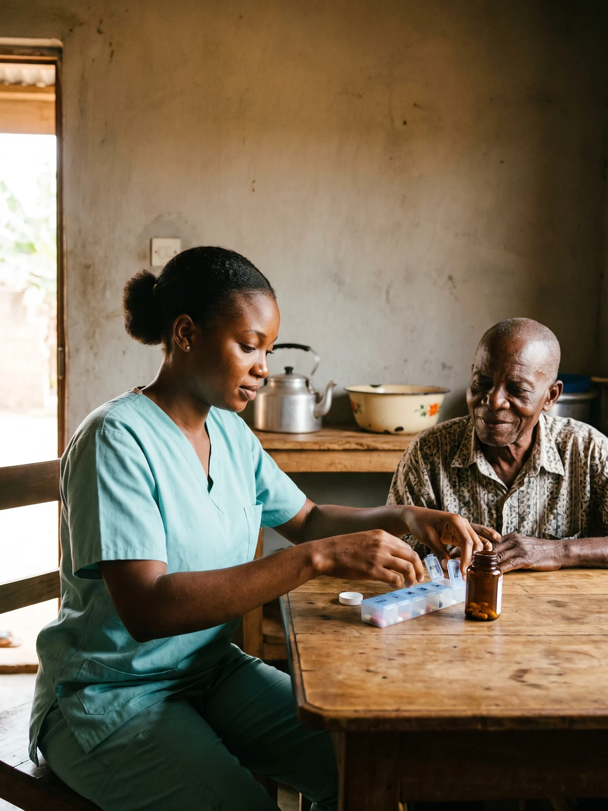 A weekly pill organiser is filled at a rural kitchen table while the elder watches, both relaxed.