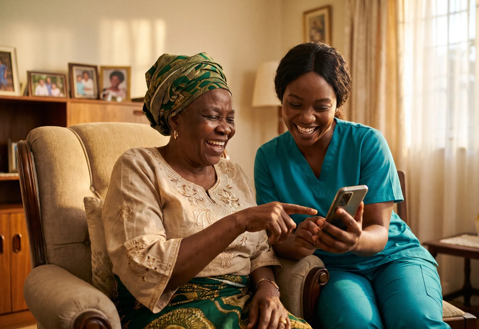 A caregiver and an elderly woman laugh together while looking at the Insyt Care App on a phone.