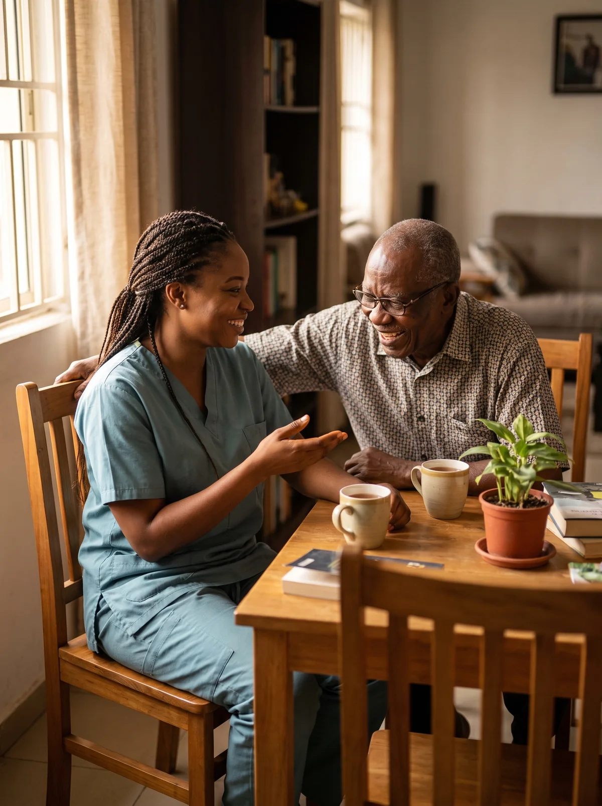 A uniformed Insyt caregiver sits beside an elderly gentleman at his dining table with tea between them in morning window light.