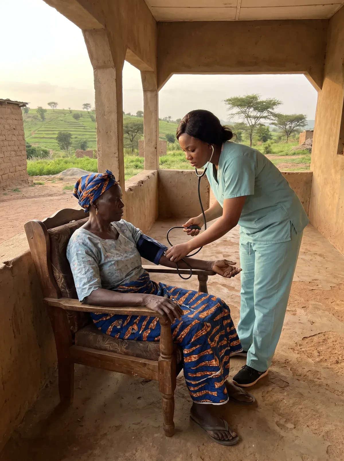 A caregiver takes a grandmother's blood pressure on the veranda of a village compound with green hills behind in golden light.