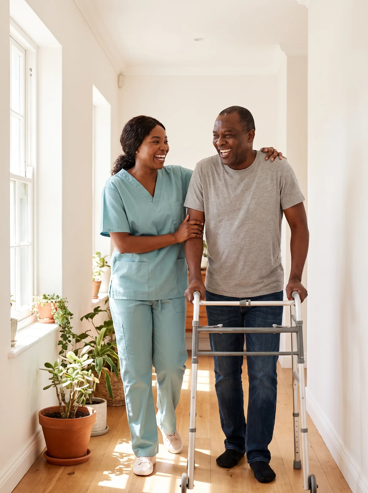 A caregiver steadies a recovering man on a walking frame in a bright corridor while both share a laugh.