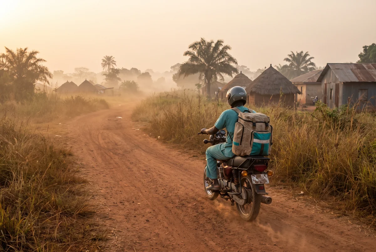 An Insyt care professional arrives by okada on a laterite road toward a rural homestead at dawn, carrying a teal kit bag.