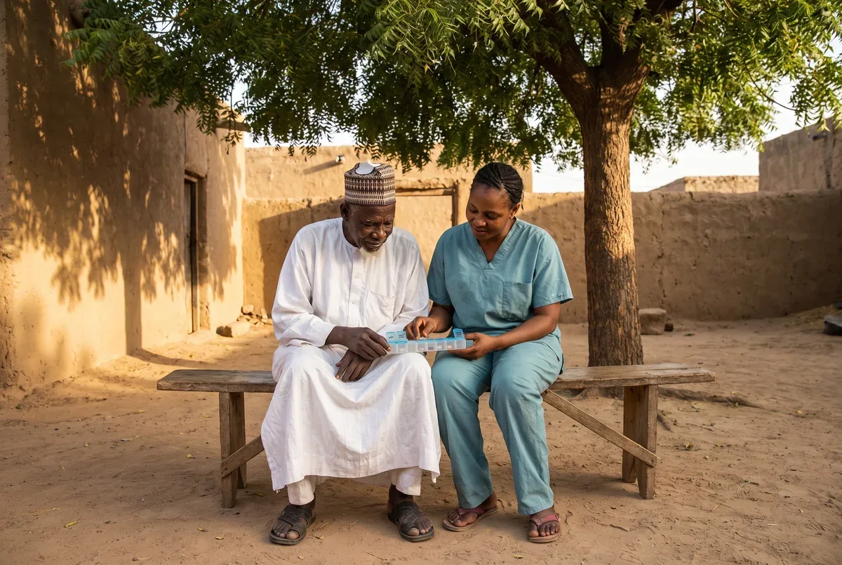 A caregiver and an elderly man review medications together under a neem tree in northern Nigerian light.