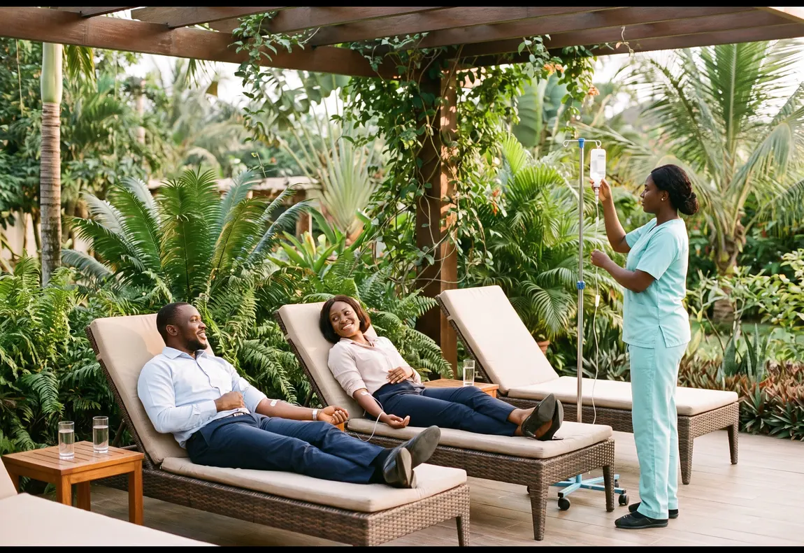A wellness drip station at a corporate retreat with lounge chairs in a garden and staff smiling.