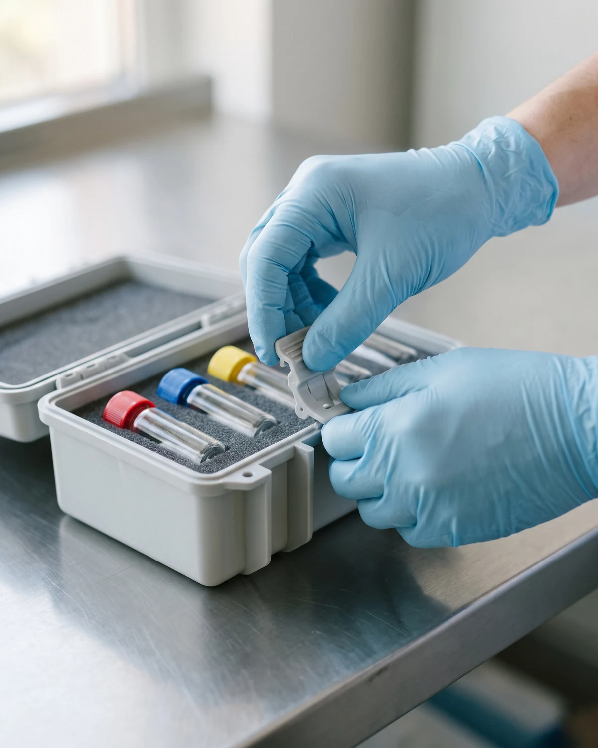 A branded sample transport case is sealed with labels clearly visible, clinically neat.