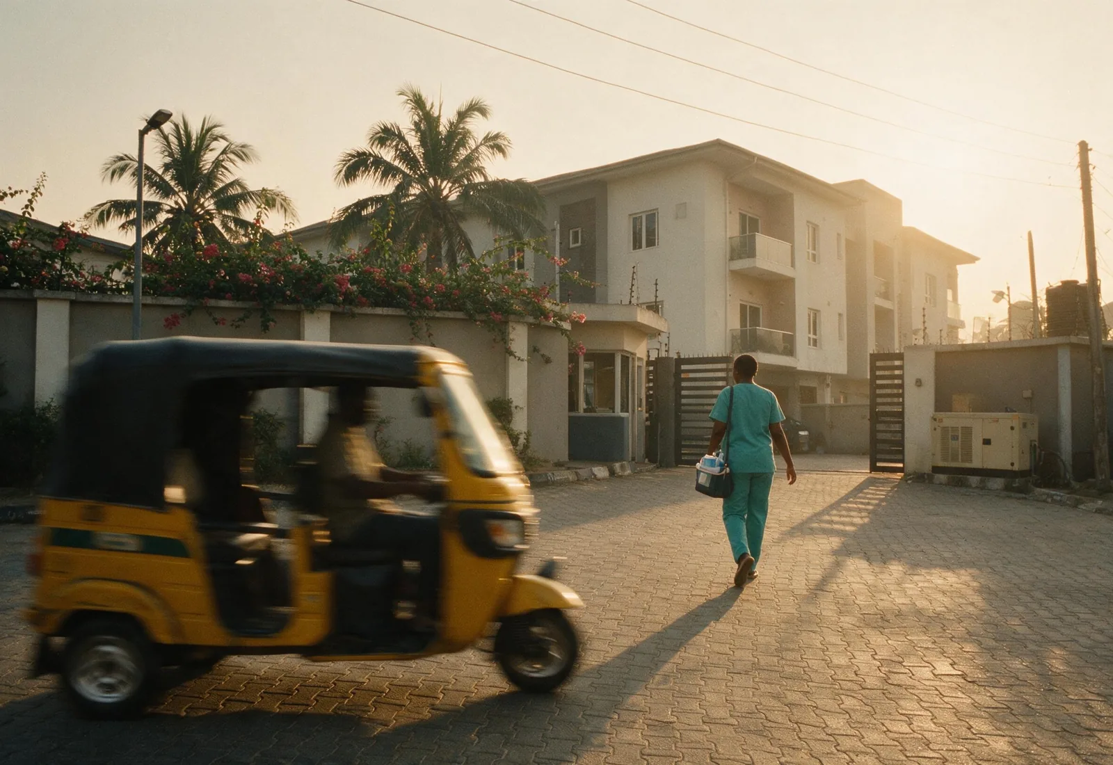 A caregiver arrives at a Lagos Island apartment building as a keke passes.