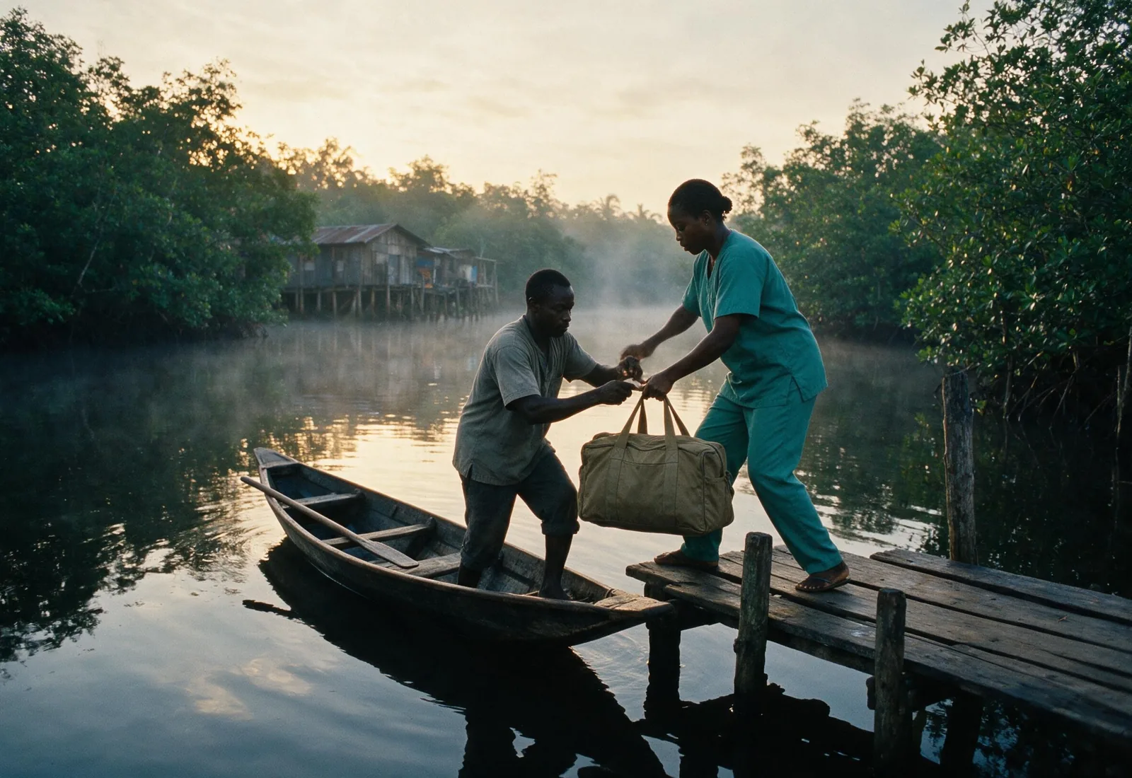 A canoe arrives at a creek settlement and a care kit bag is handed over at the jetty.