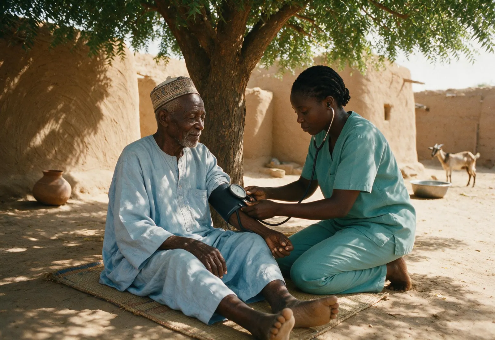 A blood pressure check under neem shade in a northern compound with adobe walls.