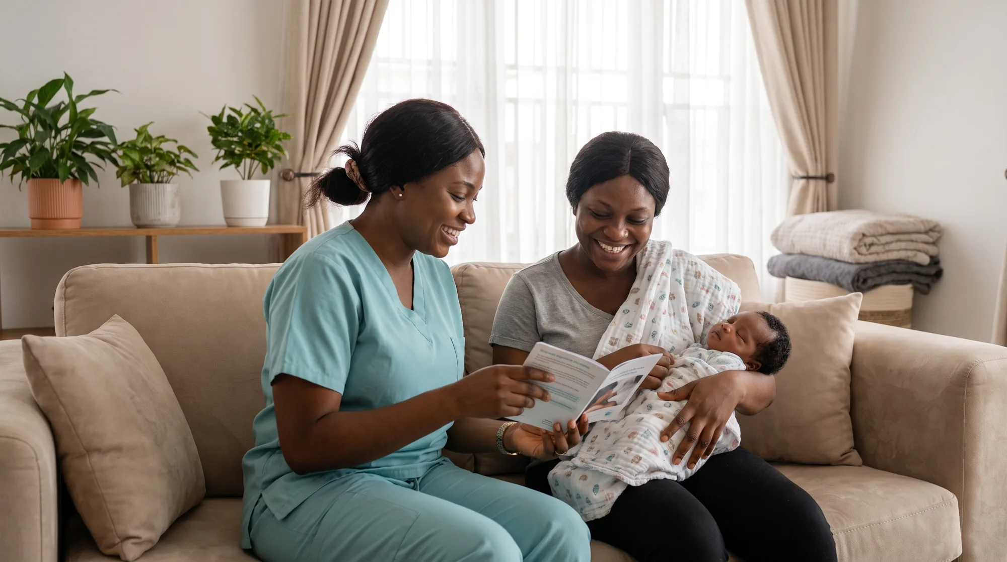 A mother sleeps in soft daylight while an Insyt professional rocks her swaddled newborn by the window.