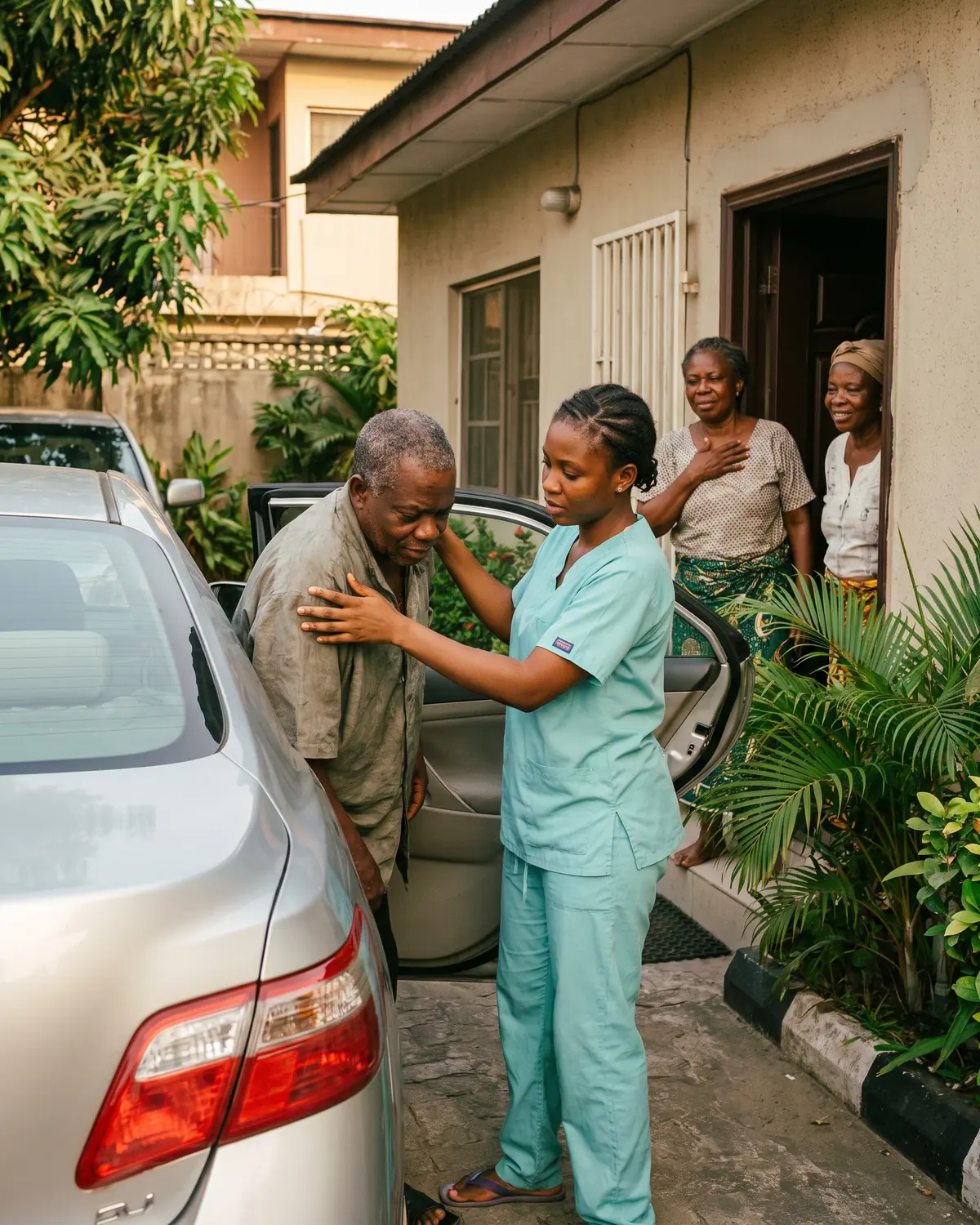 A caregiver gently helps a patient from the car to the front door while family wait to welcome them home.