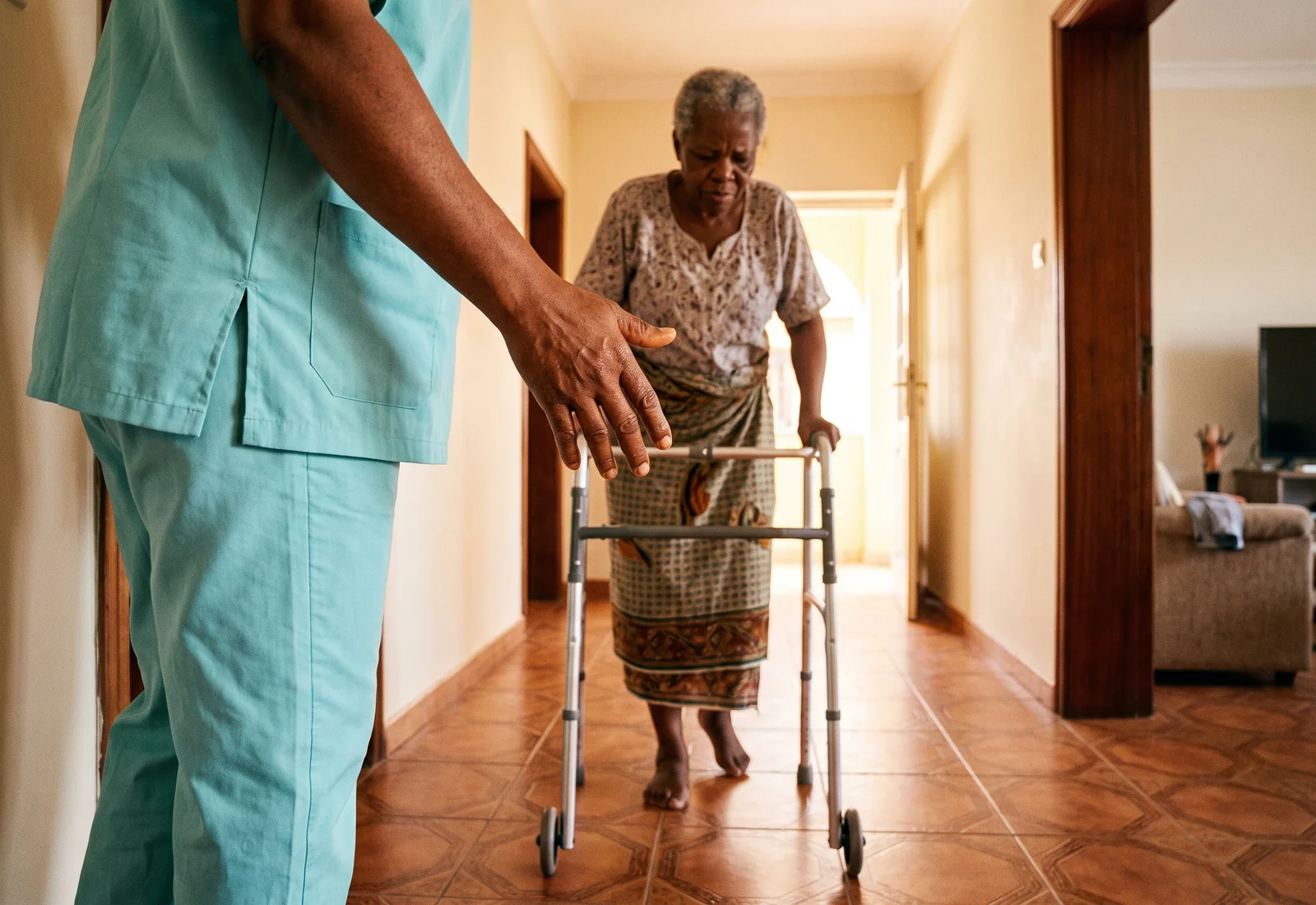 A patient practises walking with a frame along a corridor, the nurse's steadying hand in focus.