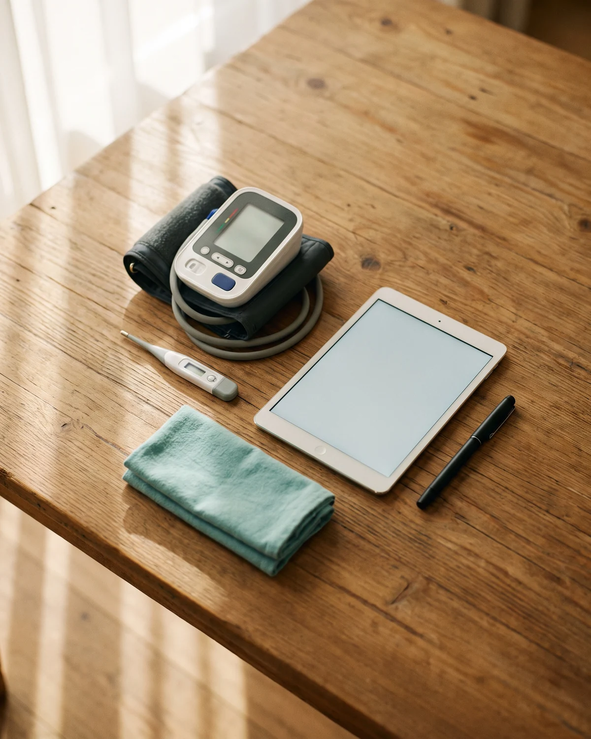 A caregiver kit laid out neatly on a wooden table: blood pressure monitor, thermometer, logging tablet and teal cloth.