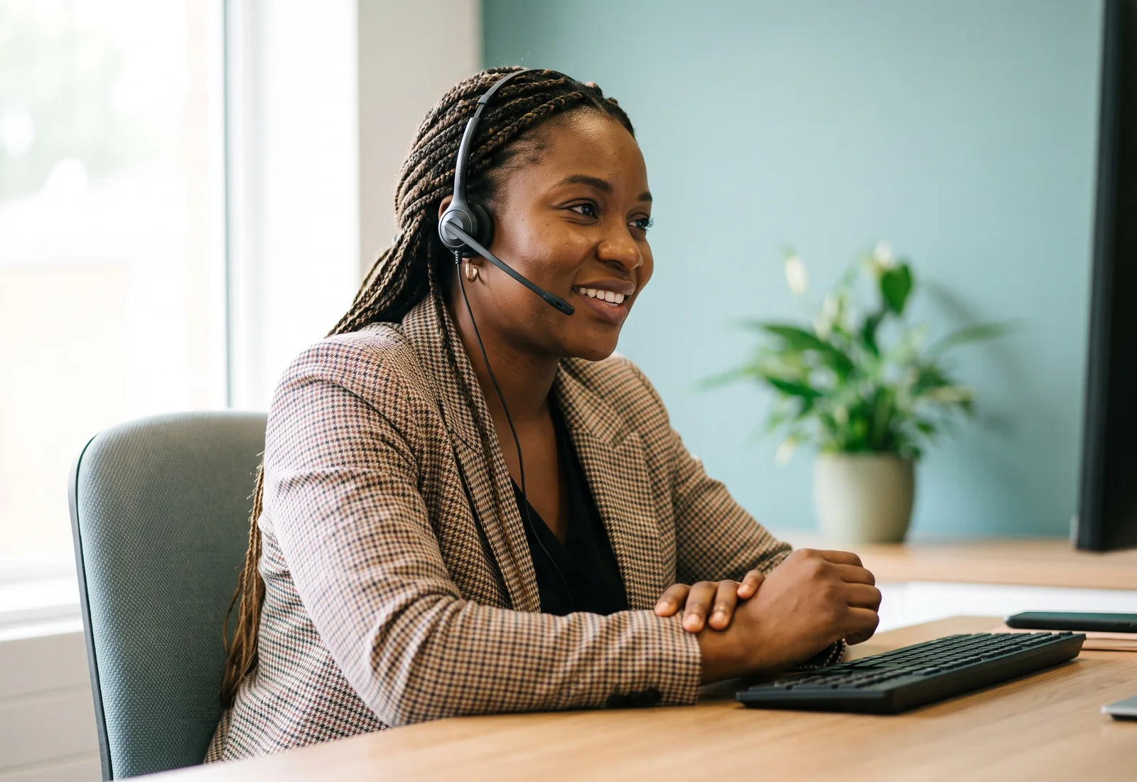 An Insyt care coordinator smiles warmly while answering WhatsApp messages on a headset in the office.